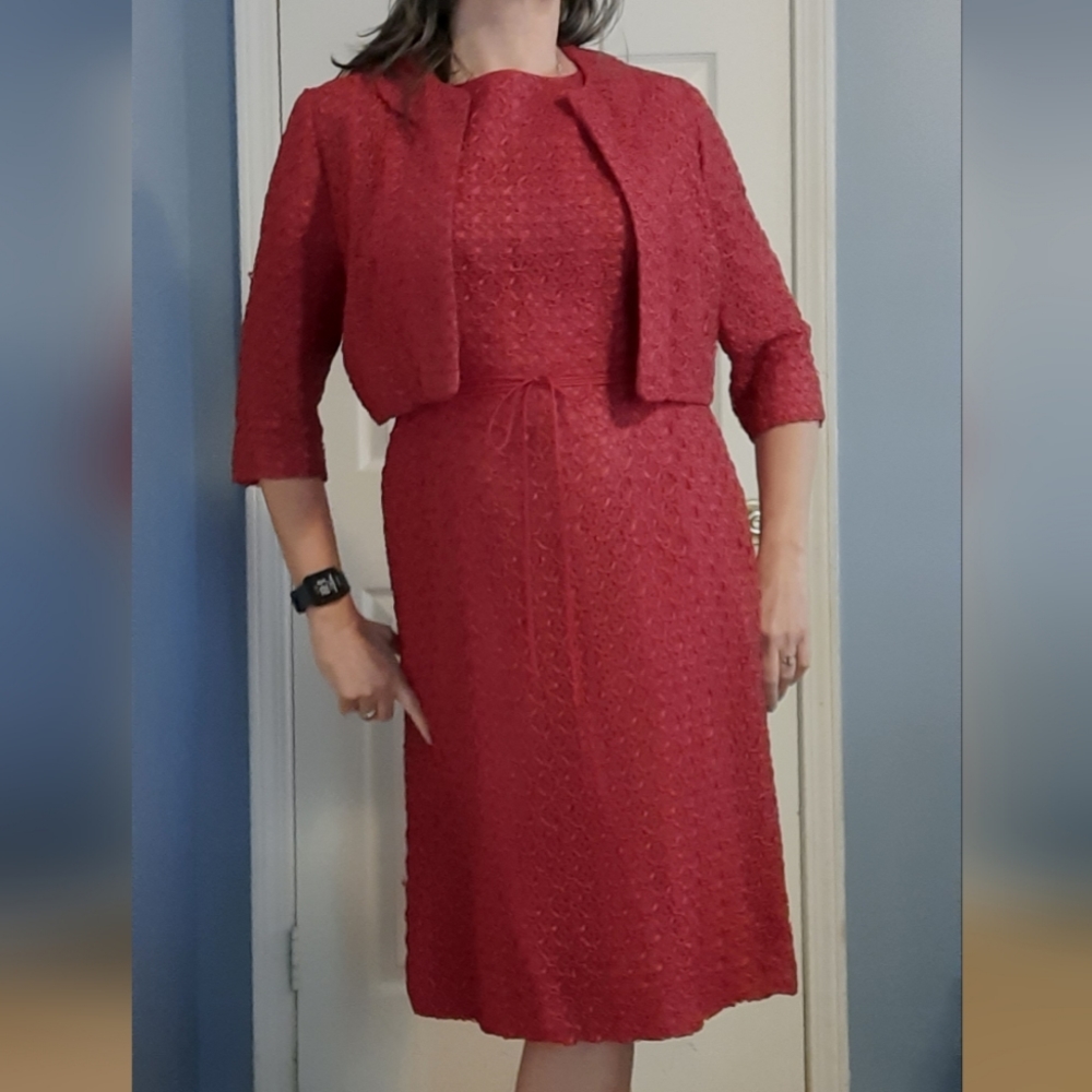 Vintage red ribbon dress and jacket L lined